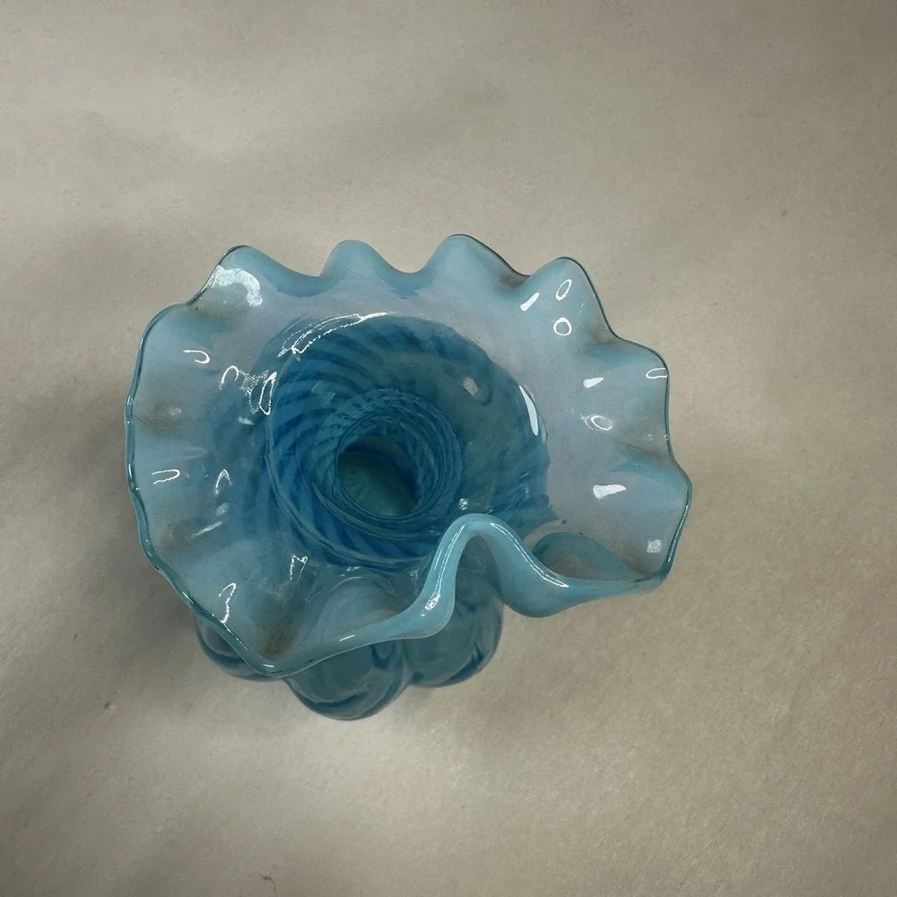 Vintage Fenton Art Glass‎ Blue Overlay Melon Base Vase Ruffle Top Edge